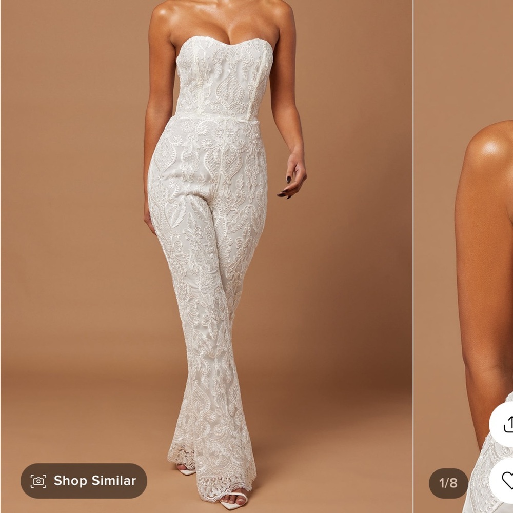 White lace sequin strapless jumpsuit